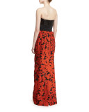 Strapless Sequined-Bodice Column Gown, Guava/Multi