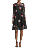 Floral-Embroidered Lace Cocktail Dress, Jet 