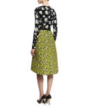 Floral-Print Structured A-Line Skirt, Citron/Black