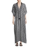 Geo Relief Maxi Caftan Coverup, Black