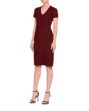 Short-Sleeve U-Neck Sheath Dress, Burgundy