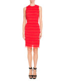 Sleeveless Stripe-Ruffled Sheath Dress, Red