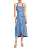 Denim Overall Midi Dress, Washed Indigo