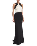 Classic Cady V-Neck Open-Back Gown, Caviar/Alabaster