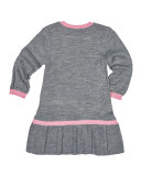 Long-Sleeve Pleated Sweaterdress, Gray/Pink, Size 2-6X