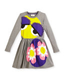 Long-Sleeve Melange Fit-and-Flare Monster Dress, Gray, Size 6-8