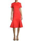 Short-Sleeve Fit-and-Flare Ponte Dress, Flame