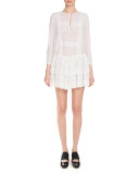 Layered Lace-Trim Long-Sleeve Dress, White