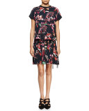Tropical-Print Short-Sleeve Shirtdress, Navy/Red/Pink