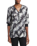 Tiara Half-Sleeve Zip-Front Printed Blouse 