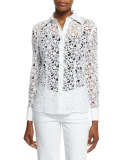 Button-Front Macrame Blouse, White