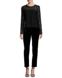 Corbel Long-Sleeve Lace Blouse, Aubergine/Black