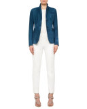 Cap-Sleeve Ruffle-Placket Shirt, Cream