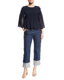 3/4-Sleeve Embroidered Peplum Top, Dark Navy