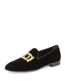 Manhattan Velvet Loafer with Gancini Embroidery, Black