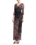 3/4-Sleeve V-Neck Floral-Print Long Dress