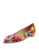 Hangisi Crystal-Buckle Satin Flat, Pink Floral