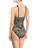 Bonnie Faux-Leather-Trim Bandana-Print One-Piece Swimsuit