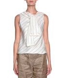 Sleeveless Pinstripe Trompe l'Oeil Scarf Blouse, White/Black