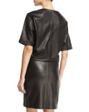 Leather Short-Sleeve Shirtdress, Noir