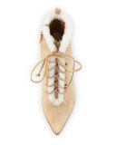 Becca Shearling Lace-Up Bootie, Camel/White