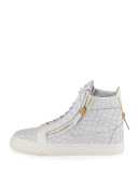 Men's Crocodile-Embossed Leather High-Top Sneaker, White