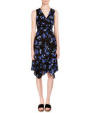 Floral-Print Handkerchief-Hem Wrap Dress, Black/Cobalt Flower