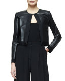 Grosgrain-Trim Cropped Leather Jacket, Black