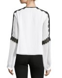 Long-Sleeve Silk Lace-Trim Blouse, White/Black