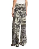 Mosaic-Print Tulle Wide-Leg Pants, Black Pattern