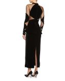 Velvet Sheer-Illusion Peplum Midi Cocktail Dress, Black