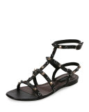 Rockstud Rolling Leather Flat Sandal, Nero