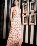Juela Cutout High-Low Gown, Nude/Poppy