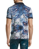Snakeskin-Print Polo Shirt, Gray/Blue