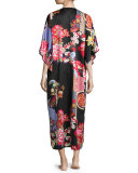 Mikado Floral-Print Lounge Caftan, Black/Russian Red
