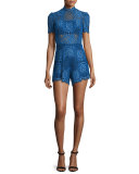 Heidi Short-Sleeve Lace Romper, Passionate Blue