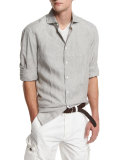 Striped Long-Sleeve Linen Shirt, Military Green