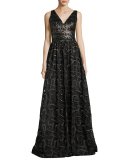Sleeveless Mixed-Media Ball Gown, Gold/Black