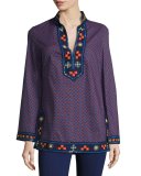 Long-Sleeve Embellished Tory Tunic, Navy