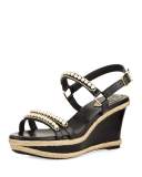 Pearly Leather Wedge Sandal, Black