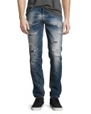 Grim Tim Distressed Slim-Straight Jeans, Medium Blue