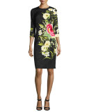 Floral-Jacquard 3/4-Sleeve Cocktail Dress, Black/Yellow