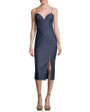 Sleeveless Chambray Front-Slit Midi Dress, Denim