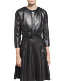 3/4-Sleeve Braided-Trim Leather Jacket, Black