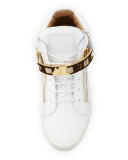 Men's Leather Mid-Top Sneaker w/Link-Bracelet Strap, White