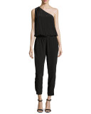 Cassia One-Shoulder Silk Jumpsuit, Vintage Caviar