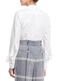 Long-Sleeve Poplin Ruffle-Trim Blouse, White