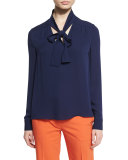 Britni Long-Sleeve Silk Tie-Neck Top, Midnight