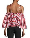 Amalfi Stripe Frill Cold-Shoulder Top, Red/Pink