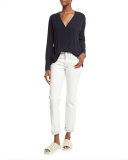 Long-Sleeve Woven Surplice Top, Navy